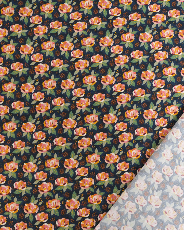 Popeline de Coton à Fleurs Multicolor Fond Bleu Nuit - Mercerine