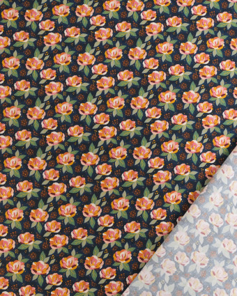 Popeline de Coton à Fleurs Multicolor Fond Bleu Nuit - Mercerine