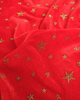 Tissu Velours Rouge Etoiles Pailletées Dorées - Mercerine