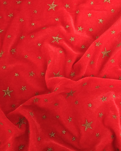 Tissu Velours Rouge Etoiles Pailletées Dorées - Mercerine