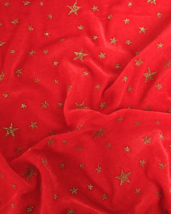 Tissu Velours Rouge Etoiles Pailletées Dorées - Mercerine
