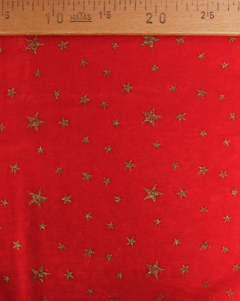 Tissu Velours Rouge Etoiles Pailletées Dorées - Mercerine