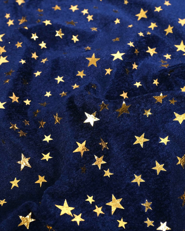 Tissu Velours Bleu Marine Etoiles Dorées - Mercerine