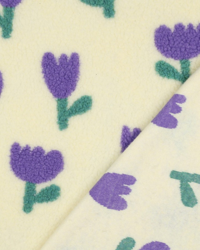 Tissu Sherpa Tulipes Lilas Fond Ecru  - Mercerine