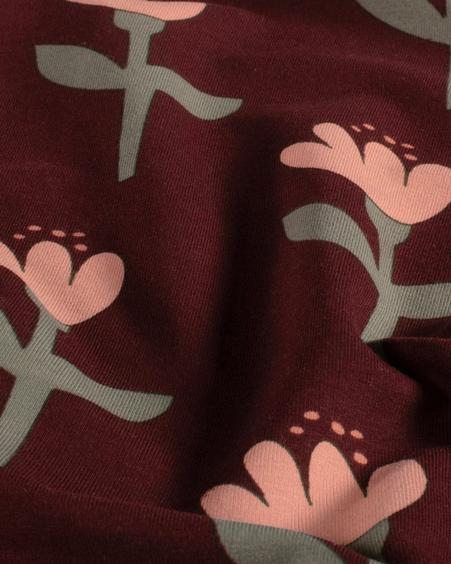 Tissu Jersey Envers Doudou Bordeaux Motif Tulipe - Mercerine