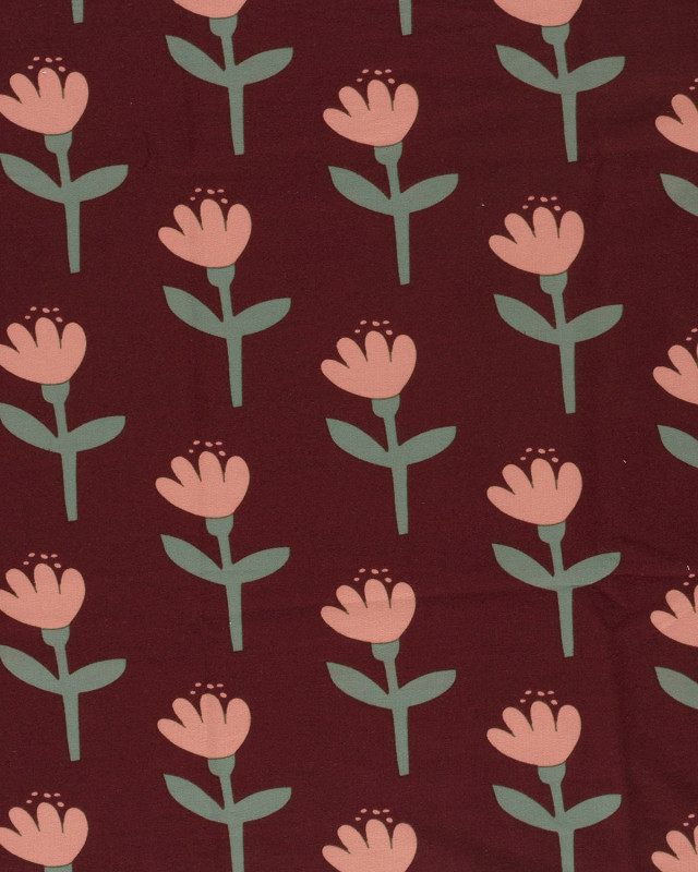 Tissu Jersey Envers Doudou Bordeaux Motif Tulipe - Mercerine