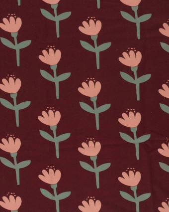 Tissu Jersey Envers Doudou Bordeaux Motif Tulipe - Mercerine