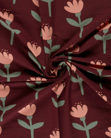Tissu Jersey Envers Doudou Bordeaux Motif Tulipe - Mercerine