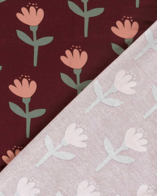 Tissu Jersey Envers Doudou Bordeaux Motif Tulipe - Mercerine