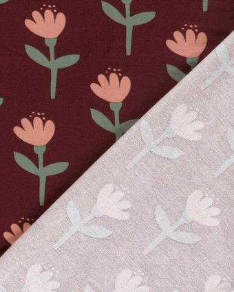 Tissu Jersey Envers Doudou Bordeaux Motif Tulipe - Mercerine