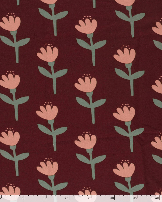 Tissu Jersey Envers Doudou Bordeaux Motif Tulipe - Mercerine