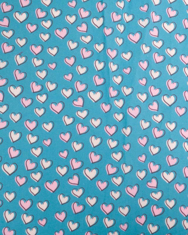 Popeline de coton Cœur fond Bleu Turquoise - Mercerine