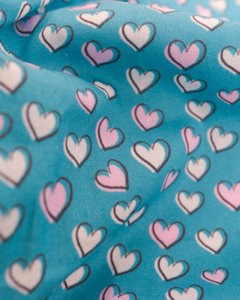 Popeline de coton Cœur fond Bleu Turquoise - Mercerine