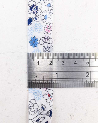 Biais Frou Frou blanc fleurs bleues  x1m
