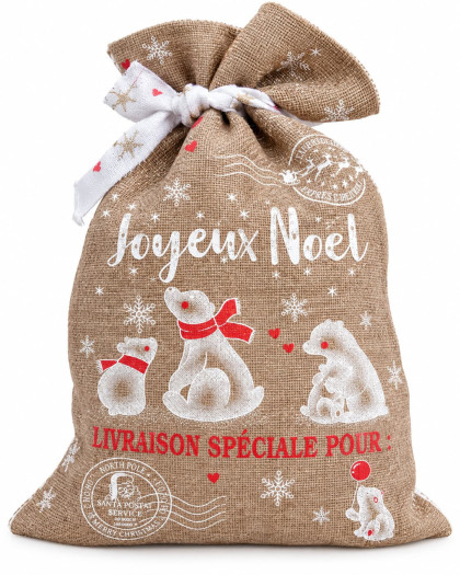 Toile de Noël Jute pour Paquet Cadeaux Ours Blanc- Mercerine