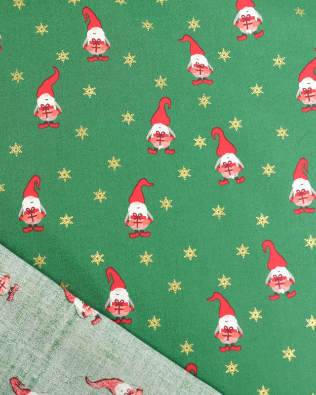 Coton Imprimé Noël Petits Lutins Vert Sapin - Mercerine