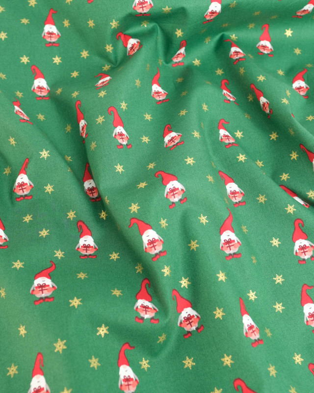 Coton Imprimé Noël Petits Lutins Vert Sapin - Mercerine