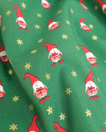 Coton Imprimé Noël Petits Lutins Vert Sapin - Mercerine