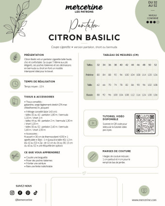 Patron pantalon Citron Basilic – Pochette – Mercerine