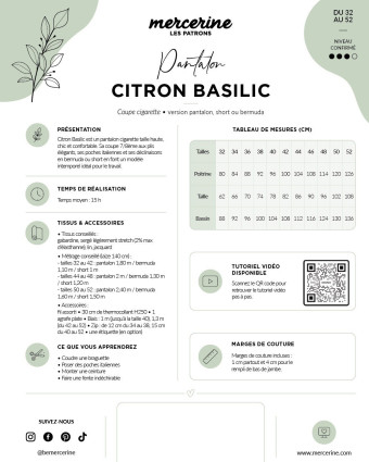 Patron pantalon Citron Basilic – PDF – Mercerine