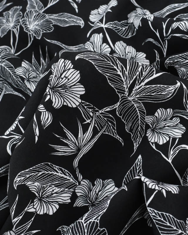 Viscose Noire Motif Floral Tropical - Mercerine