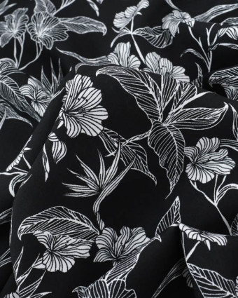 Viscose Noire Motif Floral Tropical - Mercerine