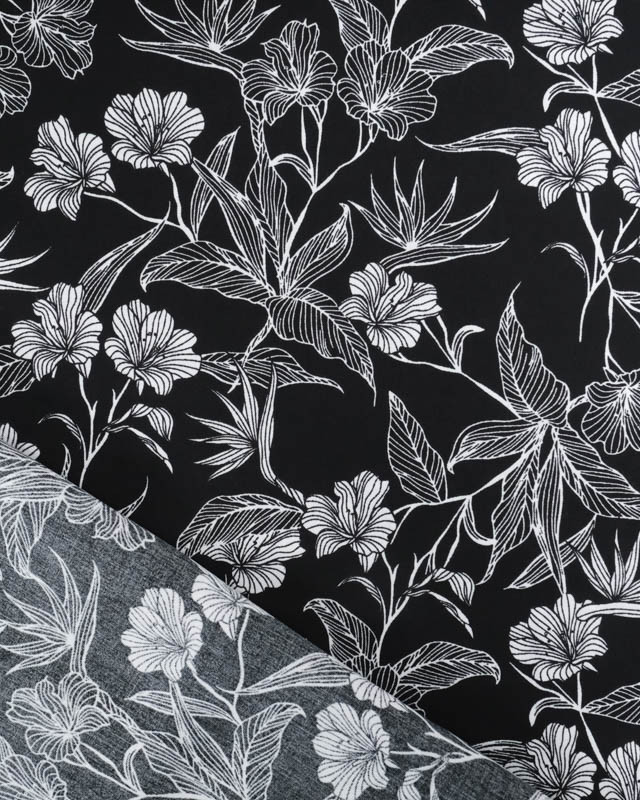 Viscose Noire Motif Floral Tropical - Mercerine