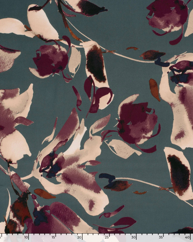 Tissu Satin Duchesse Bleu Gris Motif Floral Aubergine - Mercerine