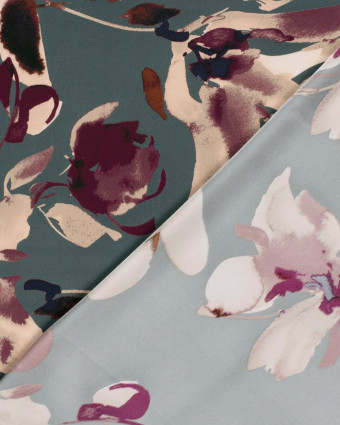 Tissu Satin Duchesse Bleu Gris Motif Floral Aubergine - Mercerine