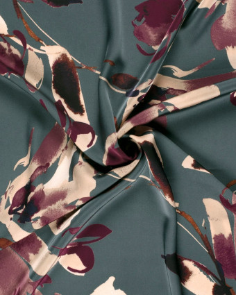 Tissu Satin Duchesse Bleu Gris Motif Floral Aubergine  - Mercerine