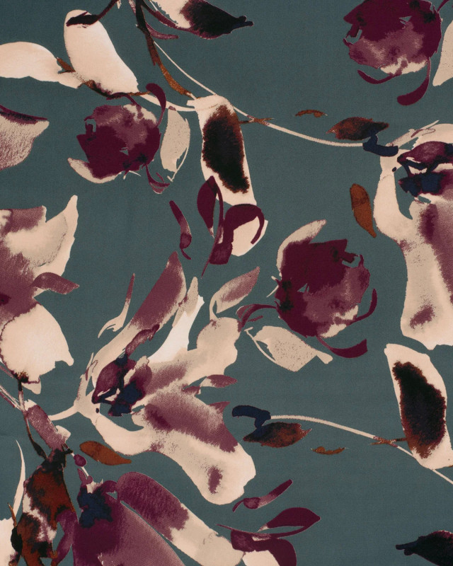 Tissu Satin Duchesse Bleu Gris Motif Floral Aubergine - Mercerine