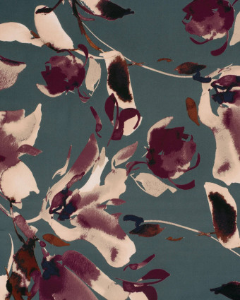 Tissu Satin Duchesse Bleu Gris Motif Floral Aubergine - Mercerine