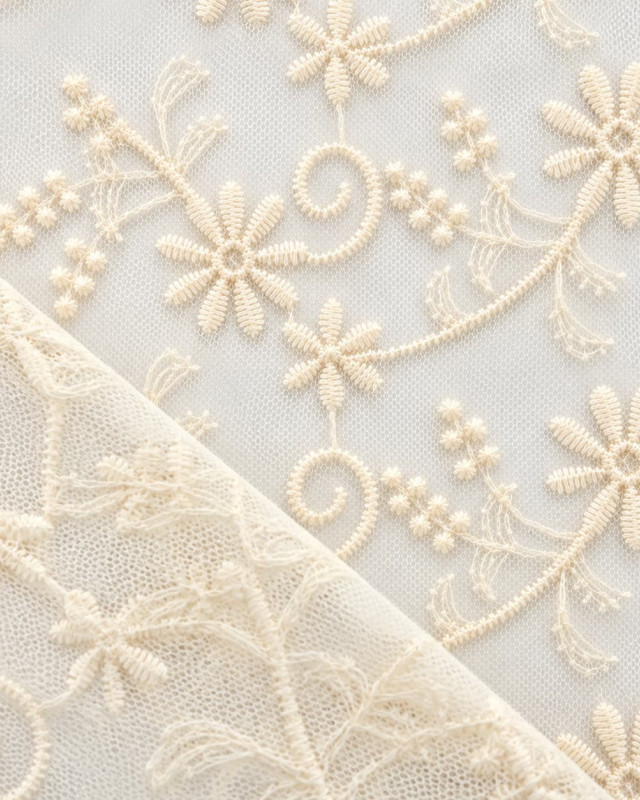 Dentelle sur Tulle Ivoire Brodée Fleurs - Mercerine