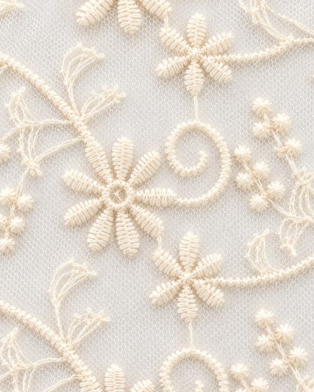 Dentelle sur Tulle Ivoire Brodée Fleurs - Mercerine
