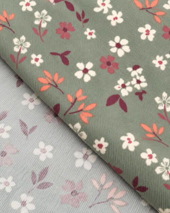 Velours Milleraies Côtelé Vert Motif Fleuri - Mercerine