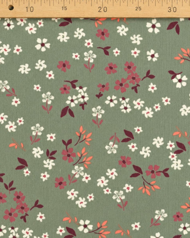 Velours Milleraies Côtelé Vert Motif Fleuri - Mercerine