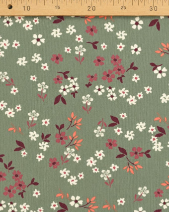 Velours Milleraies Côtelé Vert Motif Fleuri - Mercerine