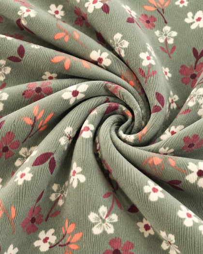 Velours Milleraies Côtelé Vert Motif Fleuri - Mercerine