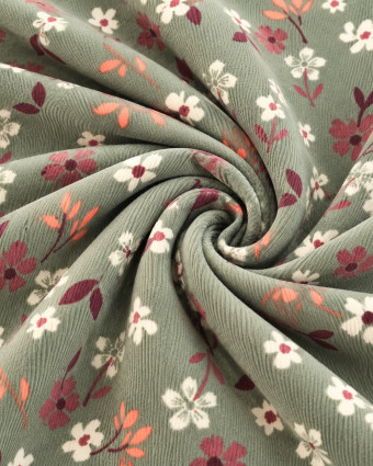 Velours Milleraies Côtelé Vert Motif Fleuri - Mercerine