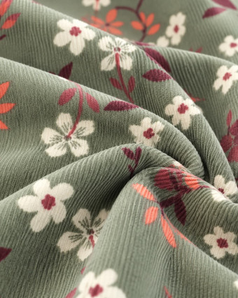Velours Milleraies Côtelé Vert Motif Fleuri - Mercerine