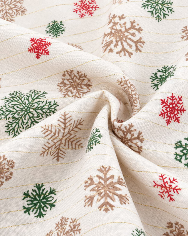 Tissu Noël écru à flocons rouges et verts | Mercerine