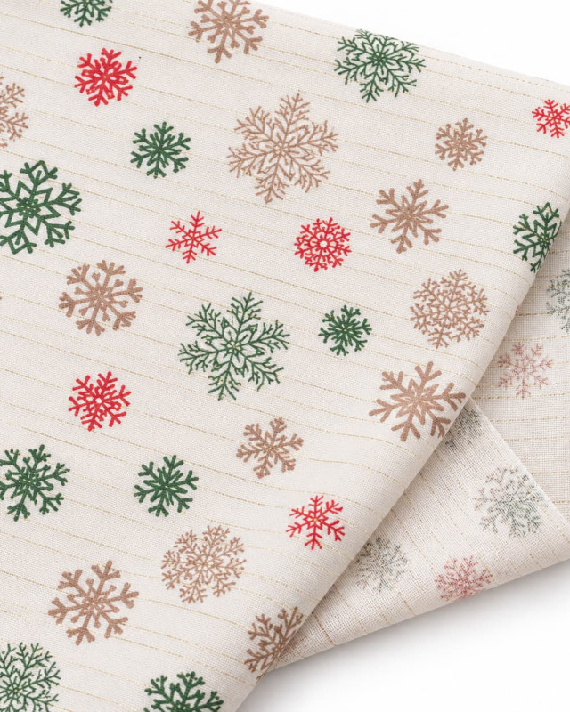 Tissu Noël écru à flocons rouges et verts | Mercerine