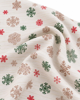 Tissu Noël écru rayures Or flocons rouges et verts - Mercerine