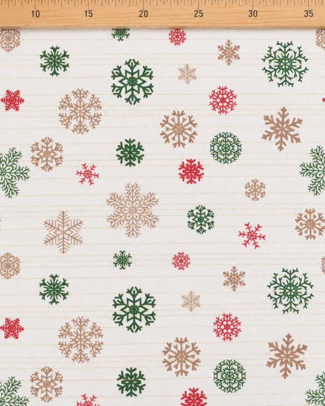 Tissu Noël écru à flocons rouges et verts | Mercerine