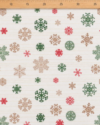 Tissu Noël écru à flocons rouges et verts | Mercerine
