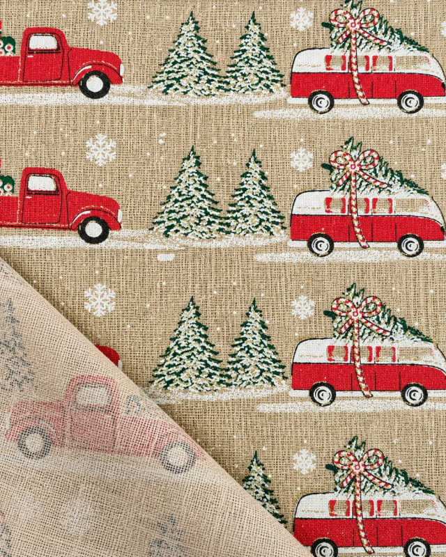 Aspect Toile de jute Noël voitures et sapins | Mercerine