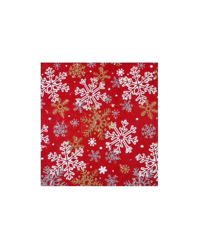 Tissu Noël rouge flocons dorés et argentés | Mercerine
