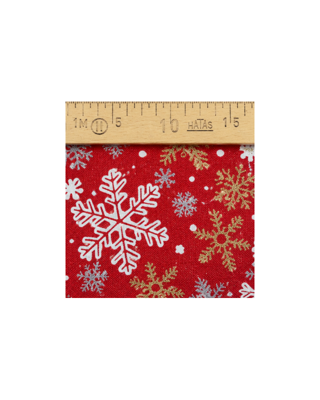 Tissu Noël rouge flocons dorés et argentés | Mercerine
