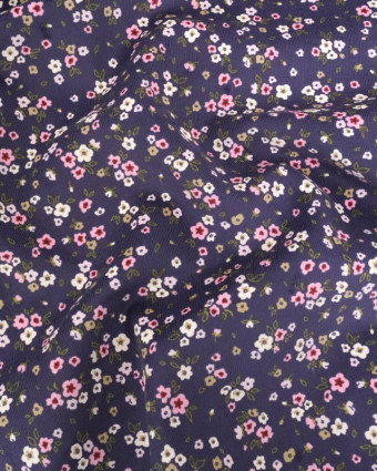 Tissu Velours Milleraies Myrtille Petites Fleurs Roses - Mercerine