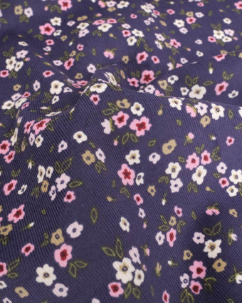 Tissu Velours Milleraies Bleu Marine Petites Fleurs Roses - Mercerine